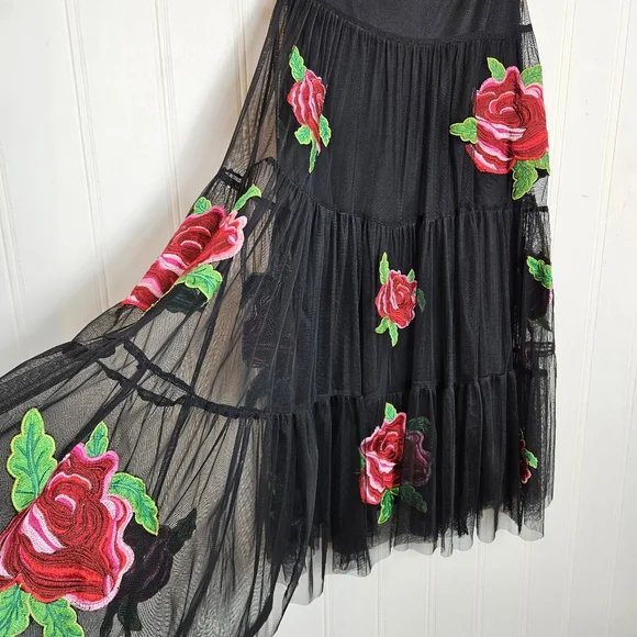 Black Midi Skirt with Red Rose Embroidery - Picture 5 of 14